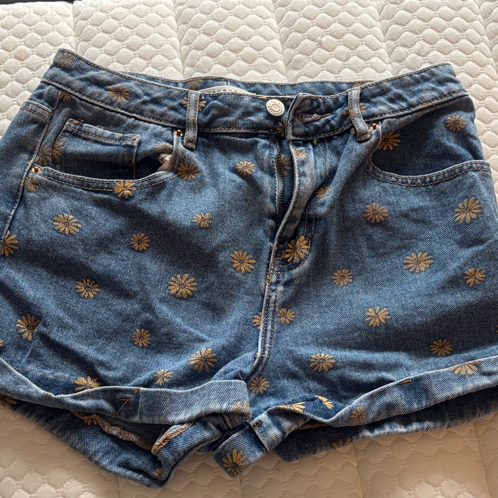 PacSun Blue Jean Shorts with Gold Floral Embroidery